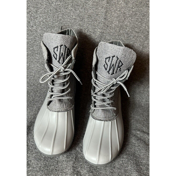 Marley Lilly Boots Womens 10 Gray Monogram Rain Duck Lace Up Logo Outdoor Hiking - Picture 2 of 6